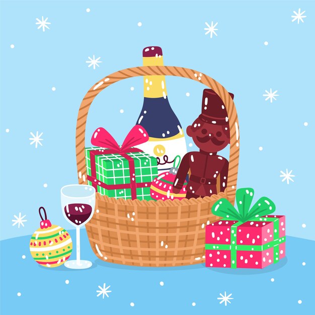 Dibujado a mano ilustración de canasta de navidad plana