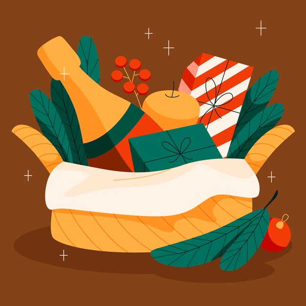 Dibujado a mano ilustración de canasta de navidad plana