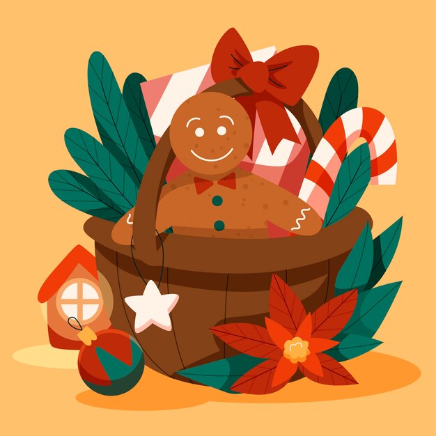Dibujado a mano ilustración de canasta de navidad plana