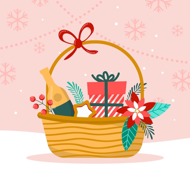Dibujado a mano ilustración de canasta de navidad plana