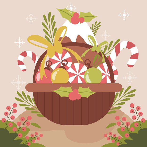 Dibujado a mano ilustración de canasta de navidad plana