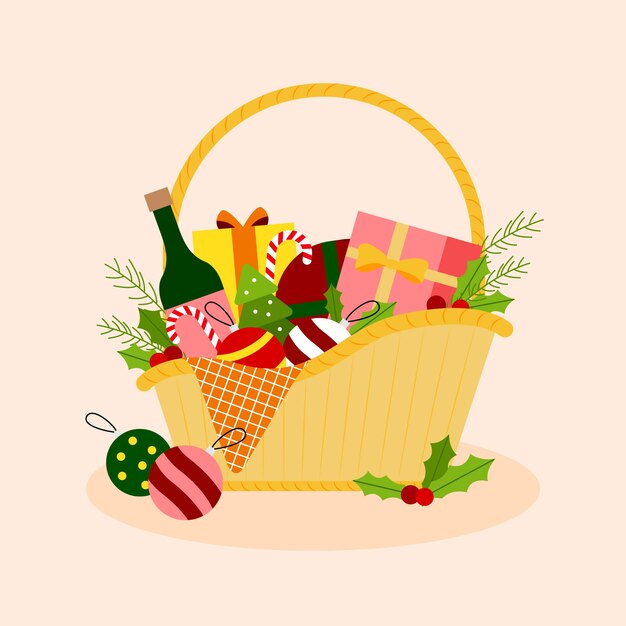 Dibujado a mano ilustración de canasta de navidad plana