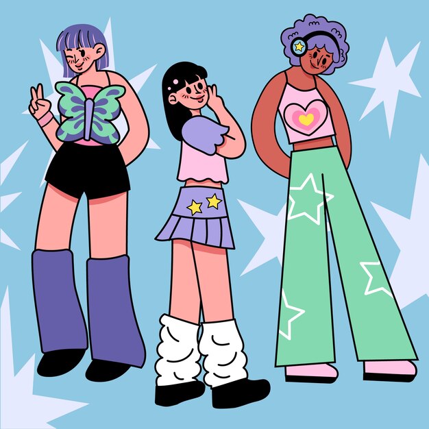 Dibujado a mano ilustración de chicas y2k