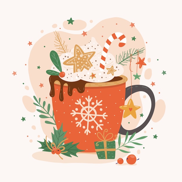Dibujado a mano ilustración de chocolate caliente de navidad