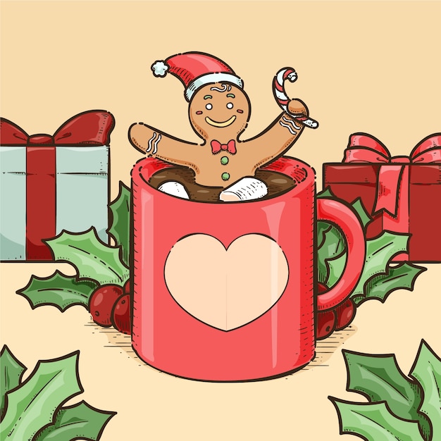 Vector gratuito dibujado a mano ilustración de chocolate caliente de navidad