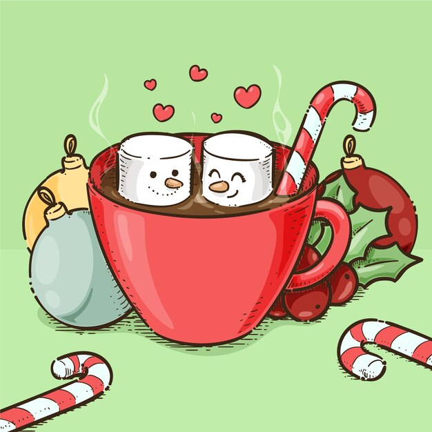 Dibujado a mano ilustración de chocolate caliente de navidad