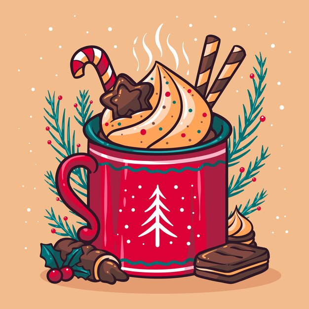 Dibujado a mano ilustración de chocolate caliente de navidad