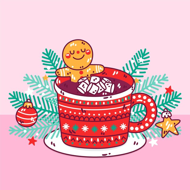 Dibujado a mano ilustración de chocolate caliente de navidad