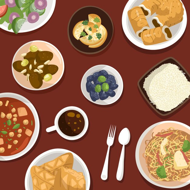 Dibujado a mano ilustración de comida iftar