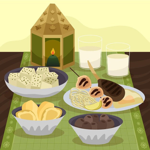 Dibujado a mano ilustración de comida iftar