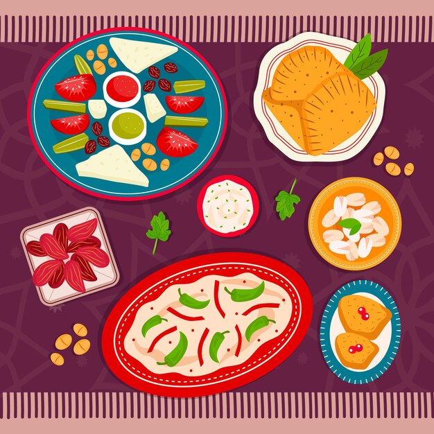 Dibujado a mano ilustración de comida iftar