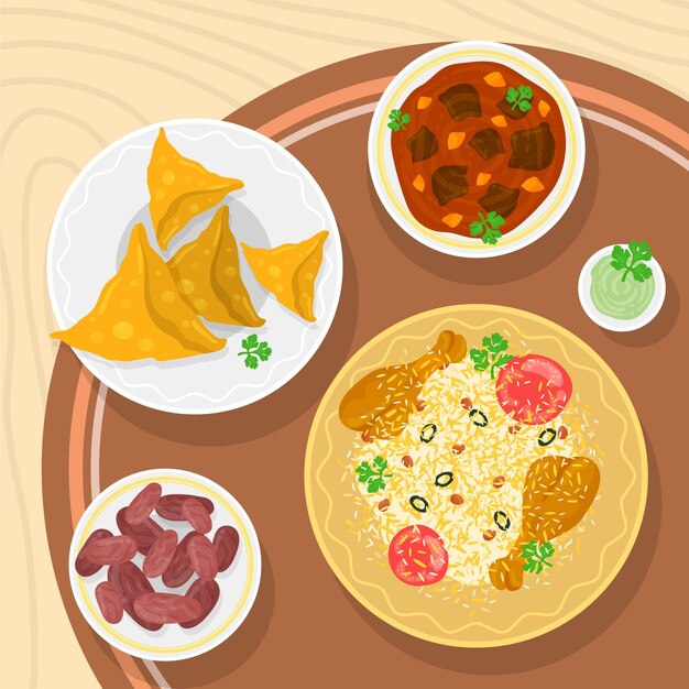 Dibujado a mano ilustración de comida iftar