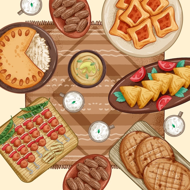 Vector gratuito dibujado a mano ilustración de comida iftar
