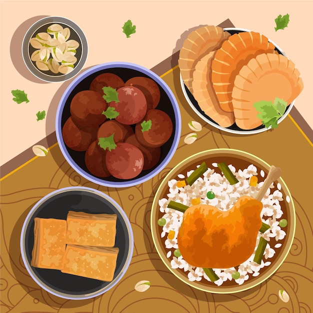 Dibujado a mano ilustración de comida iftar