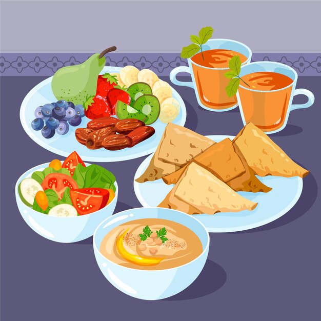 Dibujado a mano ilustración de comida iftar
