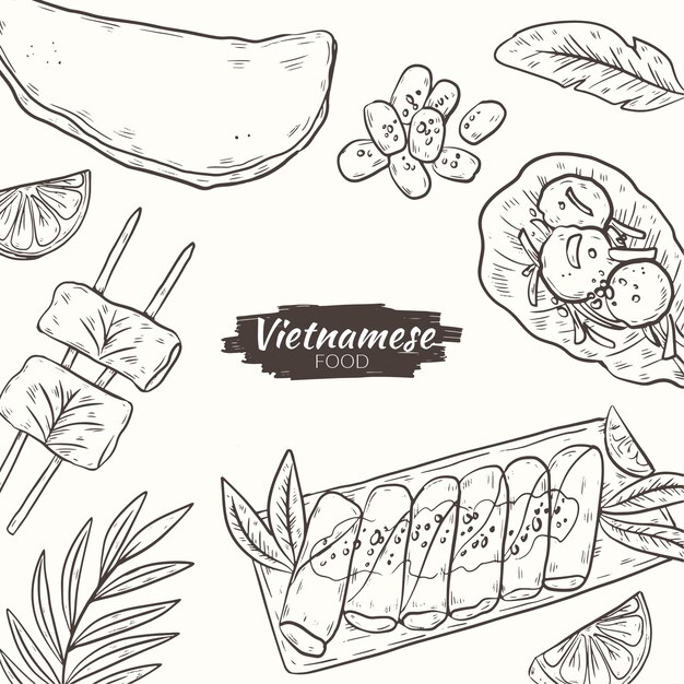 Dibujado a mano ilustración de comida vietnamita