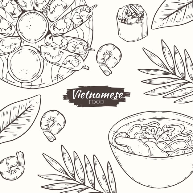Dibujado a mano ilustración de comida vietnamita