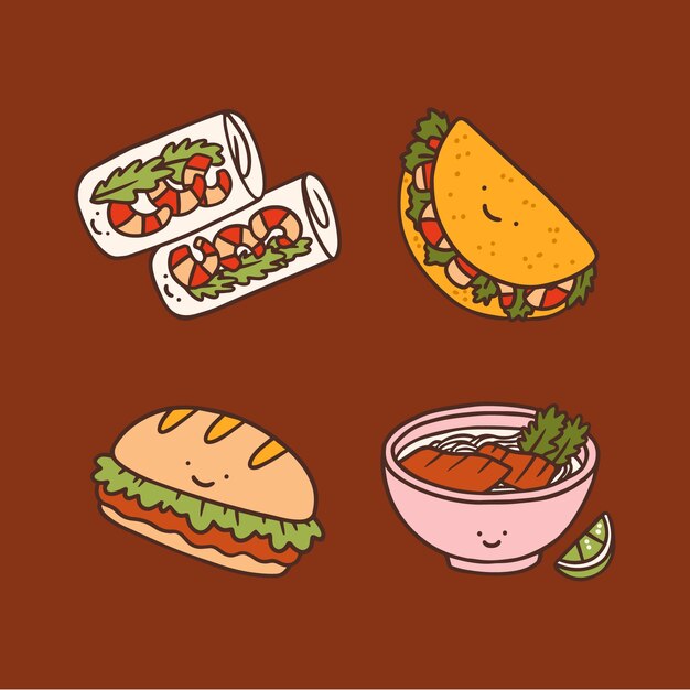 Dibujado a mano ilustración de comida vietnamita