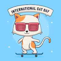 Vector gratuito dibujado a mano ilustración del día internacional del gato con gato genial en patineta