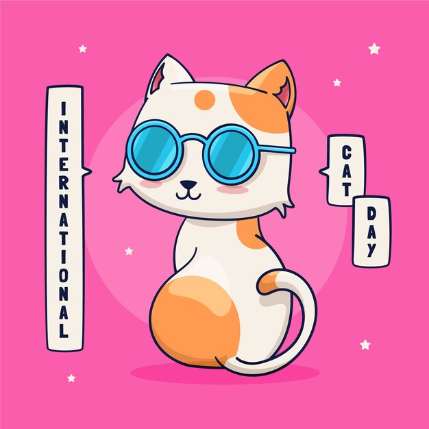 Dibujado a mano ilustración del día internacional del gato con gato genial