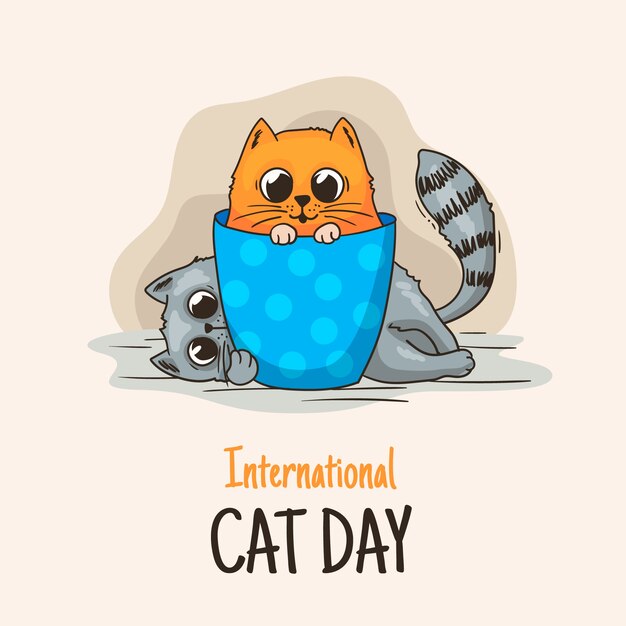 Dibujado a mano ilustración del día internacional del gato con gatos adorables