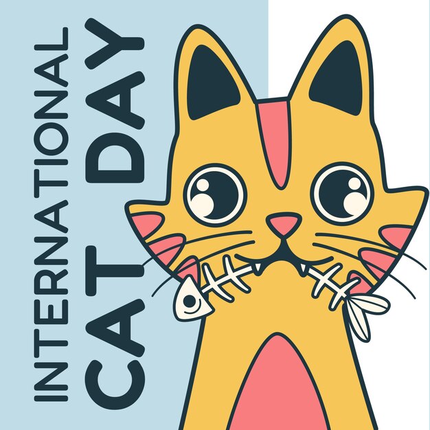Dibujado a mano ilustración del día internacional del gato con huesos de gato y pescado