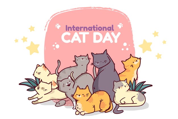 Dibujado a mano ilustración del día internacional del gato