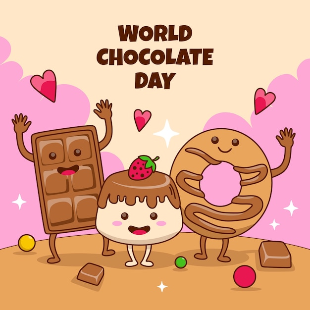 Vector gratuito dibujado a mano ilustración del día mundial del chocolate con dulces de chocolate