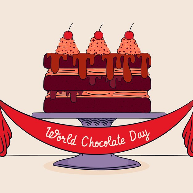 Dibujado a mano ilustración del día mundial del chocolate con pastel de chocolate