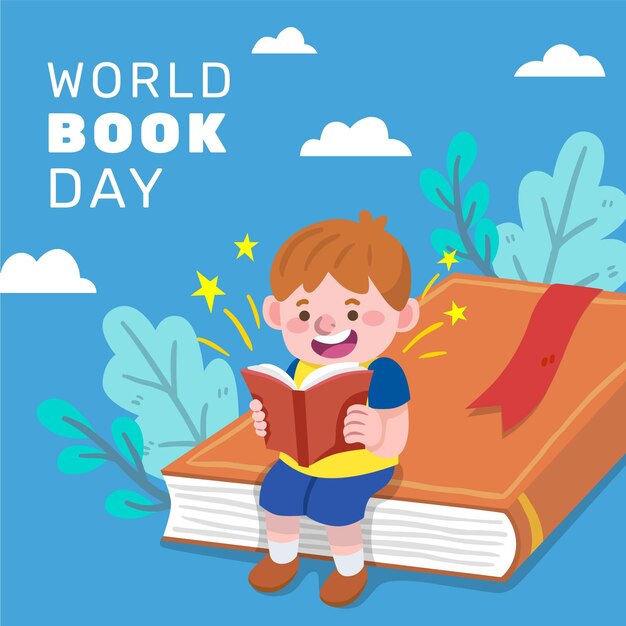 Dibujado a mano ilustración del día mundial del libro con lectura infantil