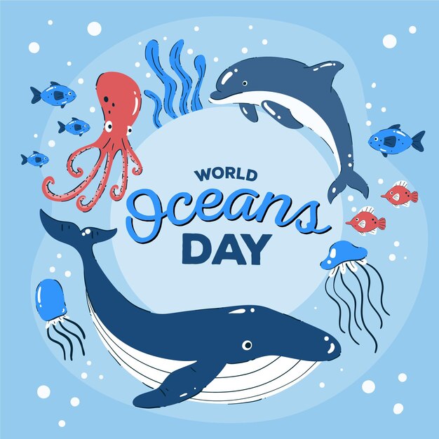 Dibujado a mano ilustración del día mundial de los océanos