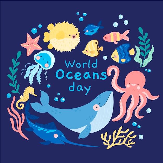 Vector gratuito dibujado a mano ilustración del día mundial de los océanos