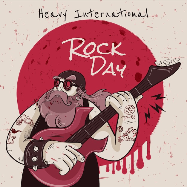 Vector gratuito dibujado a mano ilustración del día mundial del rock con músico masculino