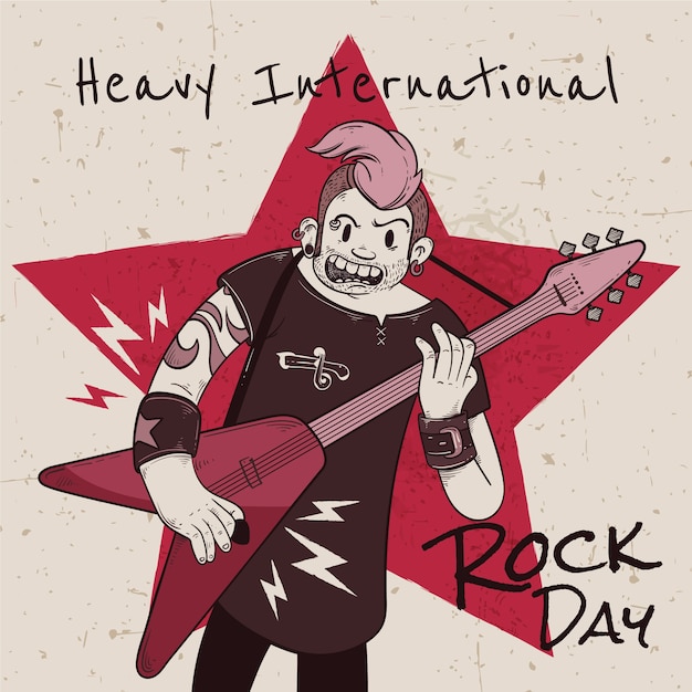 Vector gratuito dibujado a mano ilustración del día mundial del rock con músico tocando la guitarra