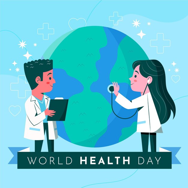 Dibujado a mano ilustración del día mundial de la salud con médicos que consultan el planeta