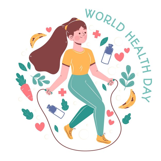 Dibujado a mano ilustración del día mundial de la salud con mujer saltando la cuerda