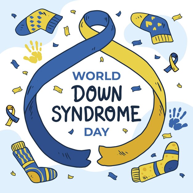 Dibujado a mano ilustración del día mundial del síndrome de down con cinta y calcetines