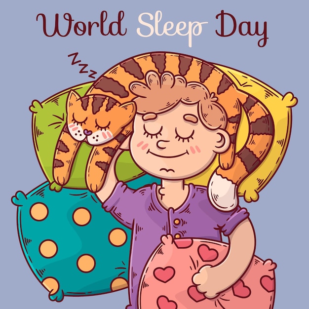 Dibujado a mano ilustración del día mundial del sueño con mujer y gato