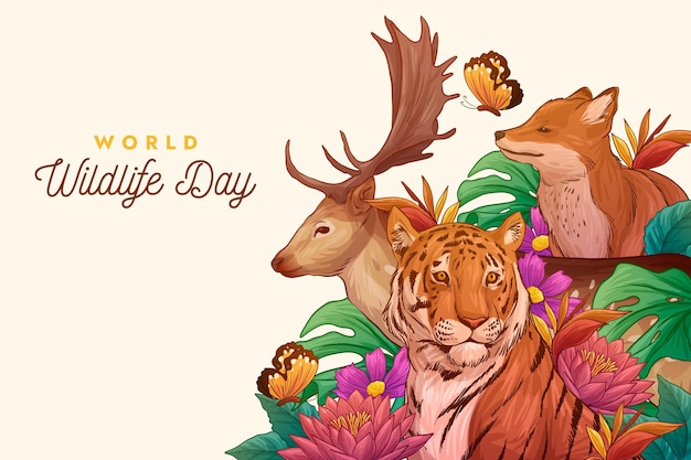 Dibujado a mano ilustración del día mundial de la vida silvestre con animales