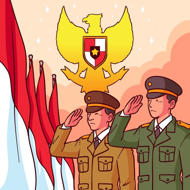 Dibujado a mano ilustración del día de pancasila con comandantes saludando