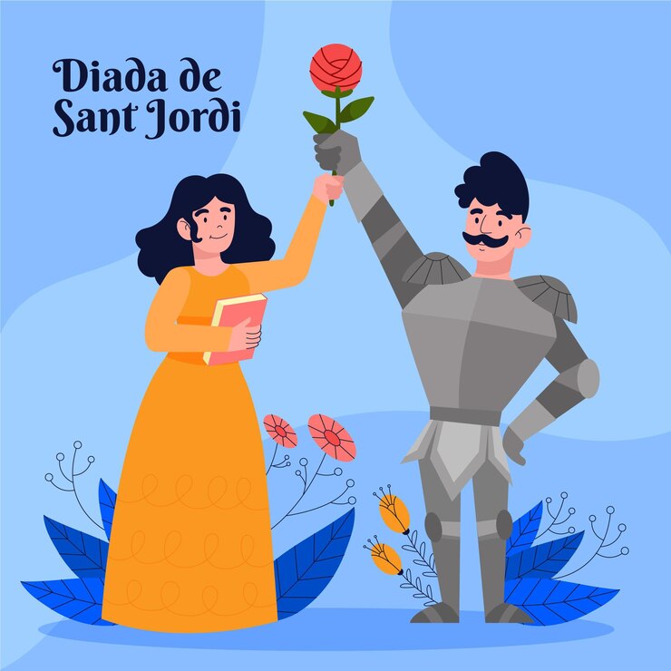 Vector gratuito dibujado a mano ilustración diada de sant jordi con caballero y princesa sosteniendo rosa