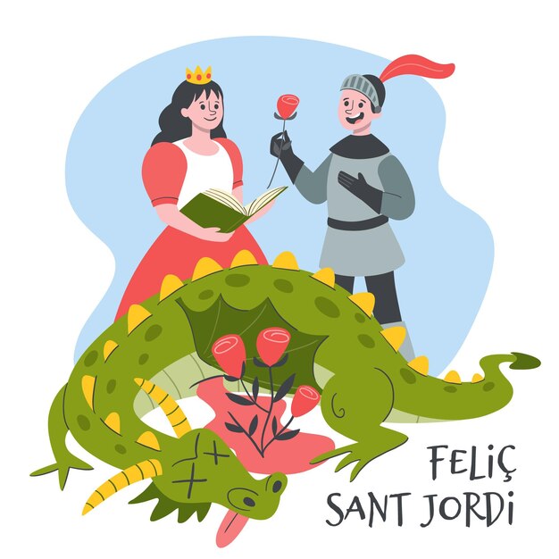 Dibujado a mano ilustración diada de sant jordi con caballero y princesa