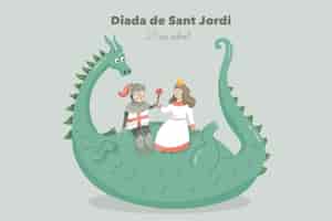 Vector gratuito dibujado a mano ilustración de diada de sant jordi con dragón, caballero y princesa
