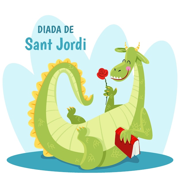 Vector gratuito dibujado a mano ilustración de diada de sant jordi con dragón sosteniendo libro y rosa