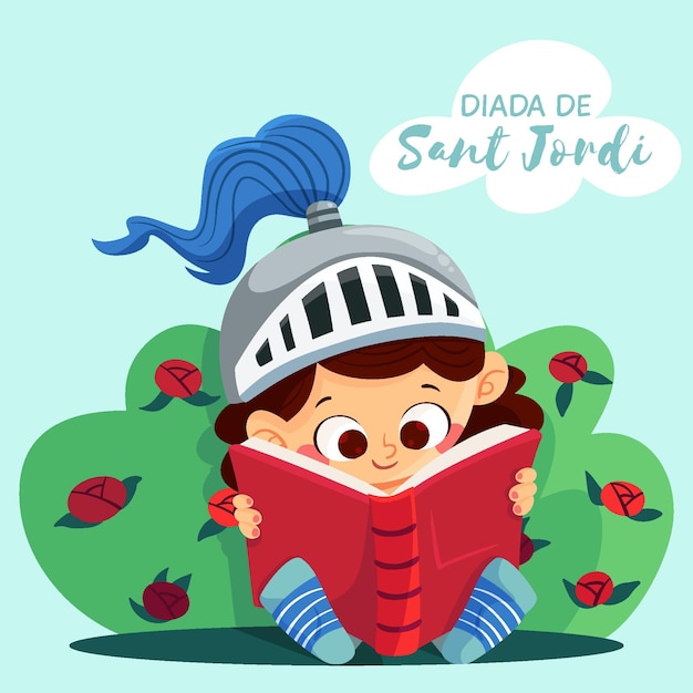 Vector gratuito dibujado a mano ilustración de diada de sant jordi con libro de lectura de caballero