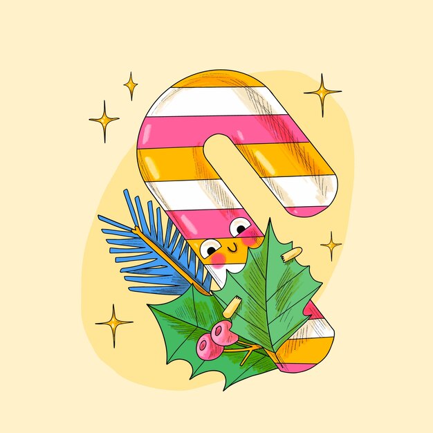 Dibujado a mano ilustración de dibujos animados de bastón de caramelo