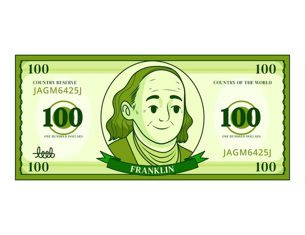 Dibujado a mano ilustración de dibujos animados de billete de 100 dólares