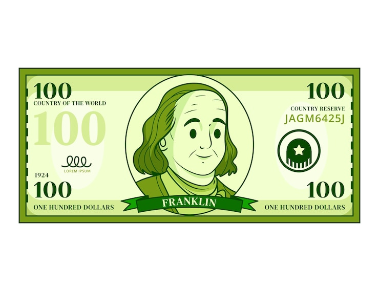 Vector gratuito dibujado a mano ilustración de dibujos animados de billete de 100 dólares