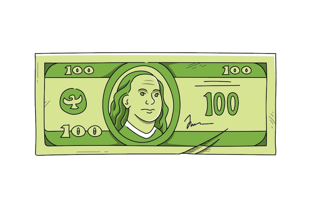 Dibujado a mano ilustración de dibujos animados de billete de 100 dólares
