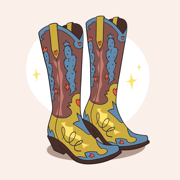 Dibujado a mano ilustración de dibujos animados de botas de vaquera